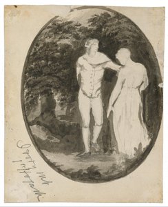 Una pareja en un paisaje boscoso en un óvalo de Edward Lear